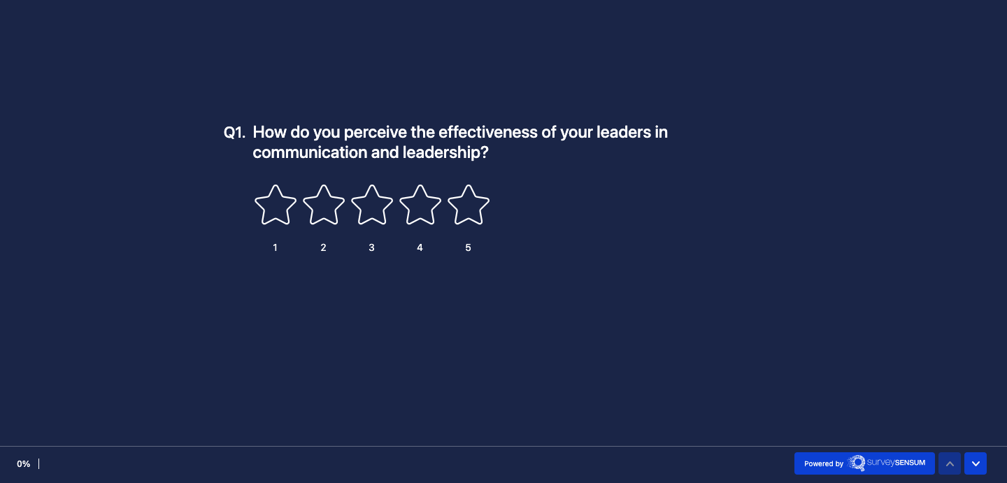 An image that shows a screenshot of a survey question asking “How do you perceive the effectiveness of your leaders in communication and leadership?” 
