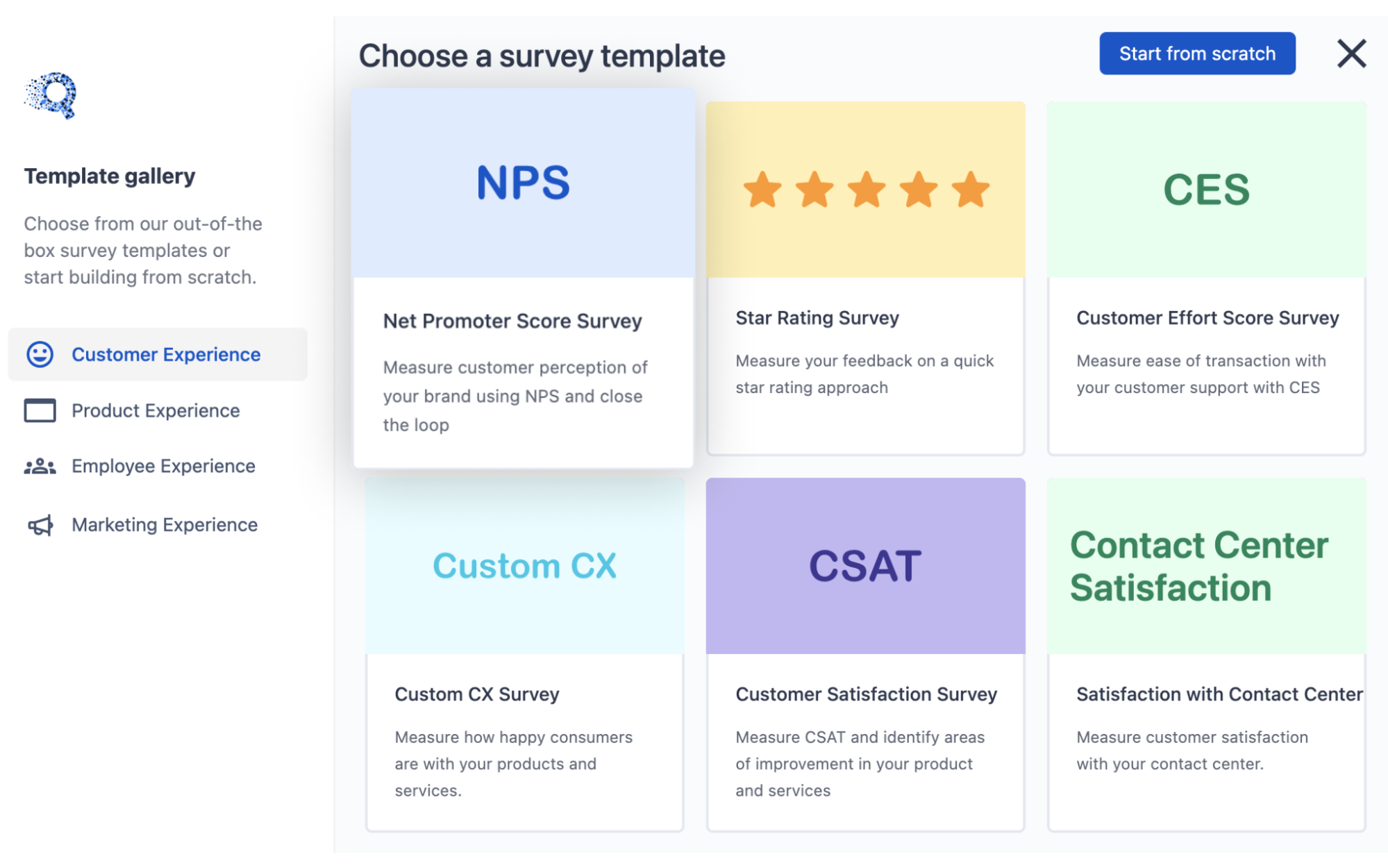 This is the image of the Customer experience survey templates with different types surveys - NPS, star rating survey, CES, Customer CX, CSAT, and Contact center satisfaction survey.
