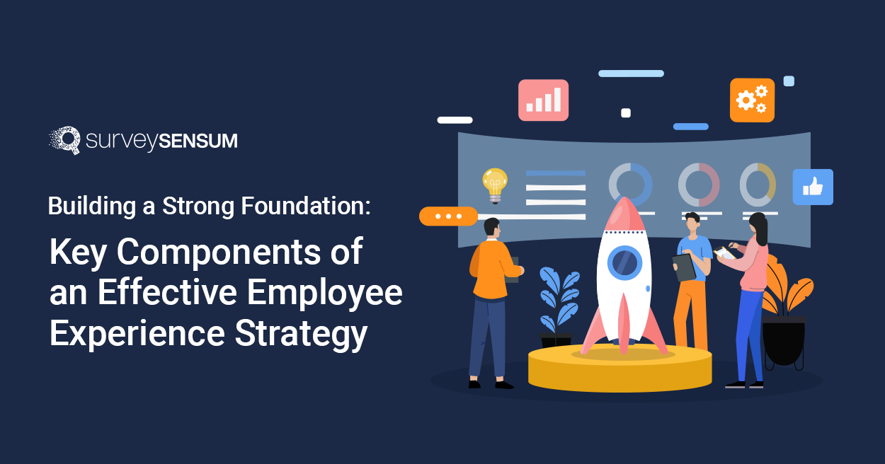 This is the Banner image of the key components of an effective employee experience strategy where the employees are working to implement strategies that will improve their employees’ experience at the company.