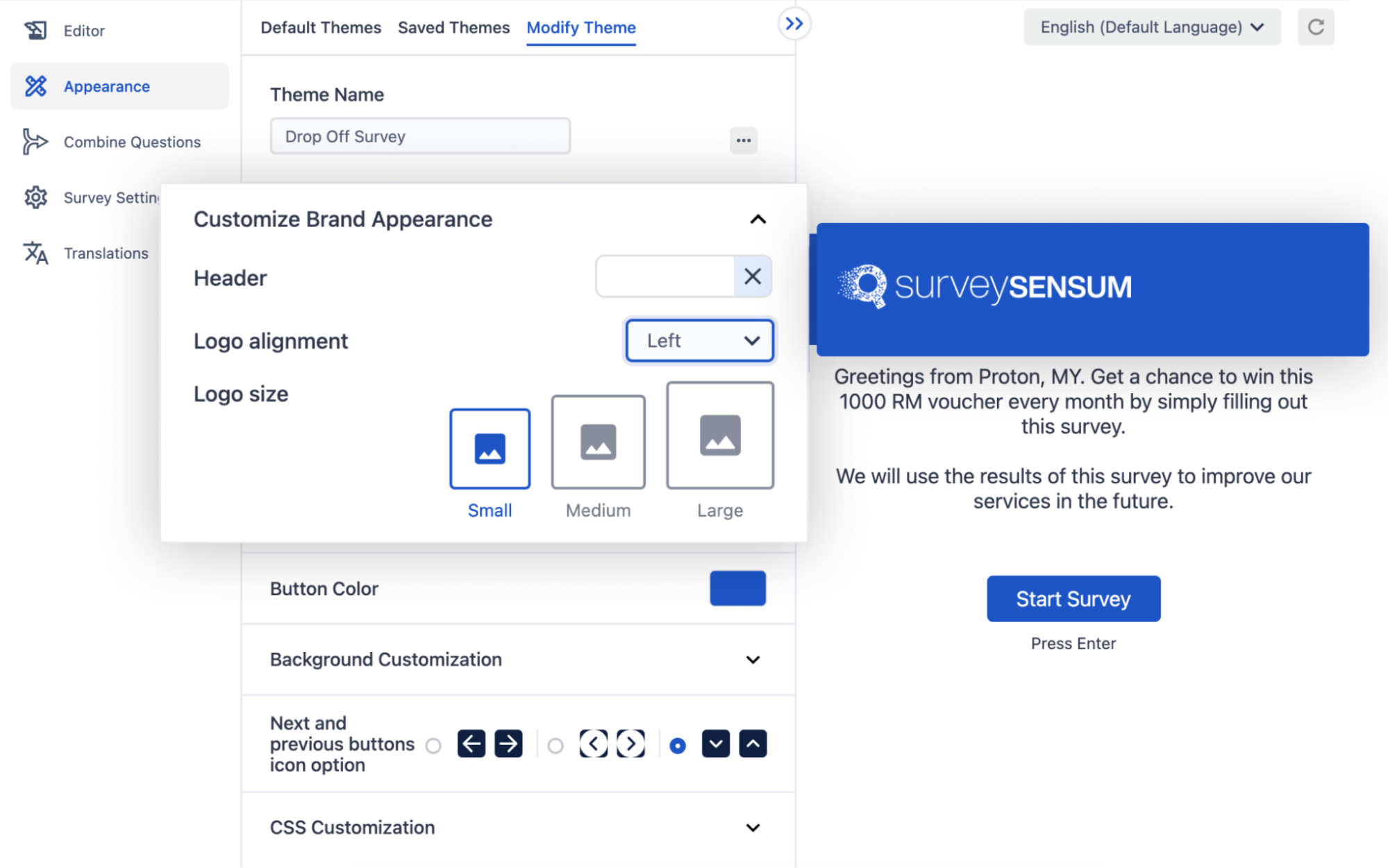 This is the image of the White-labeling feature of SurveySensum where users can edit the appearance of the survey and customize the appearance of their surveys to match their brand’s identity.