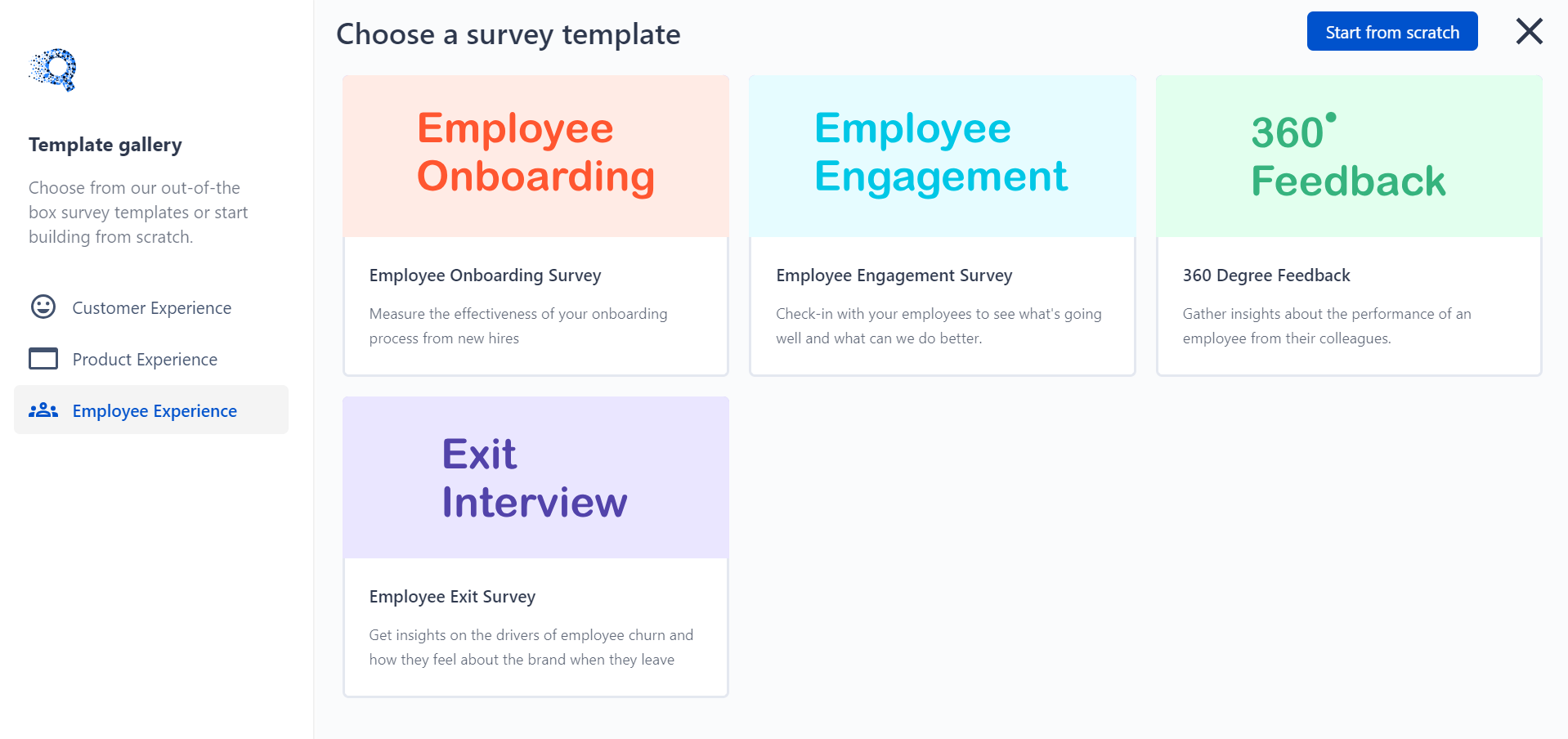 This is the image of the in-built templates offered by SurveySensum while creating an employee experience survey. 