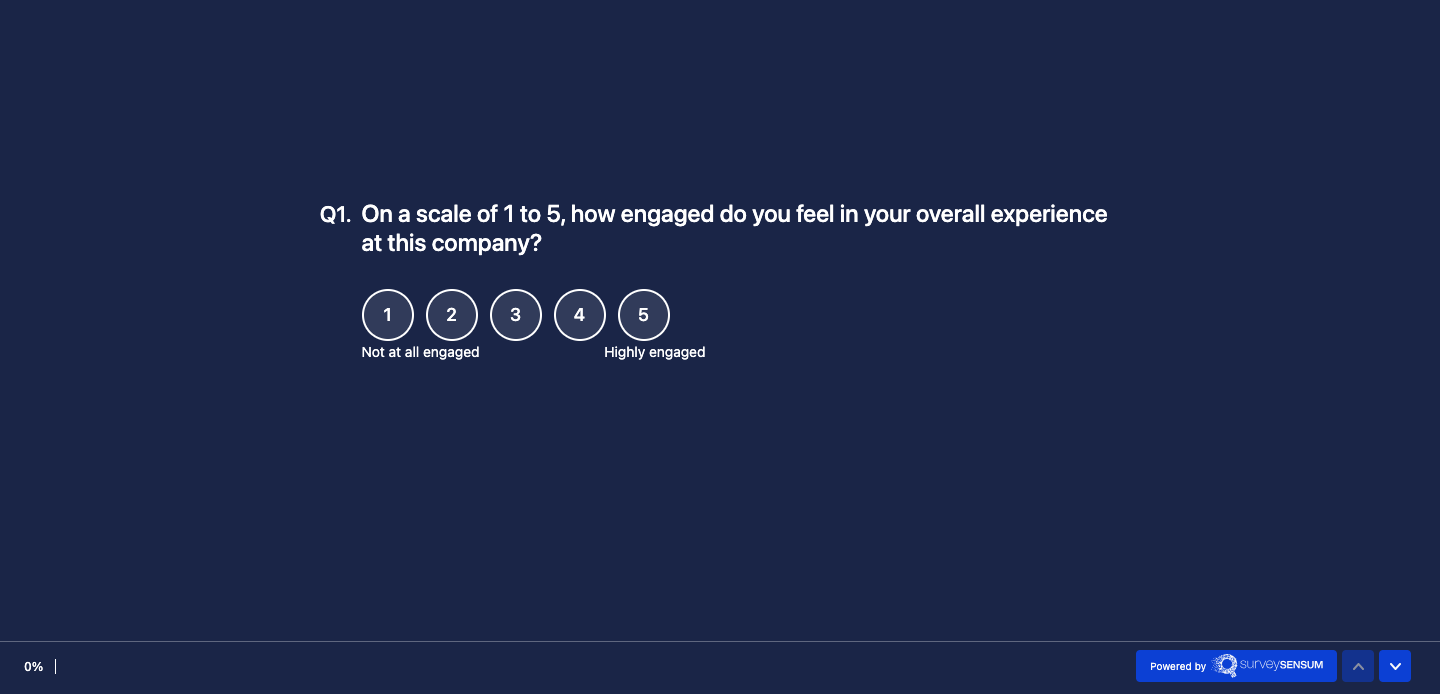 An image that shows a screenshot of a survey question asking “On a scale of 1 to 5, how engaged do you feel in your overall experience at this company?”