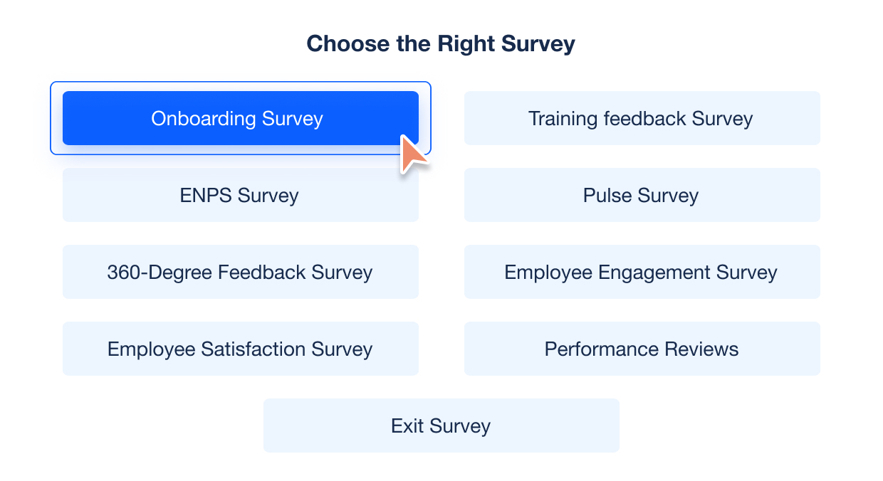 This is the image of the Employee experience survey templates with different types surveys - eNPS, 360-degree feedback, pulse survey, onboarding survey, employee satisfaction survey, exit interviews, performance reviews, training feedbacks survey, and employee engagement survey. 