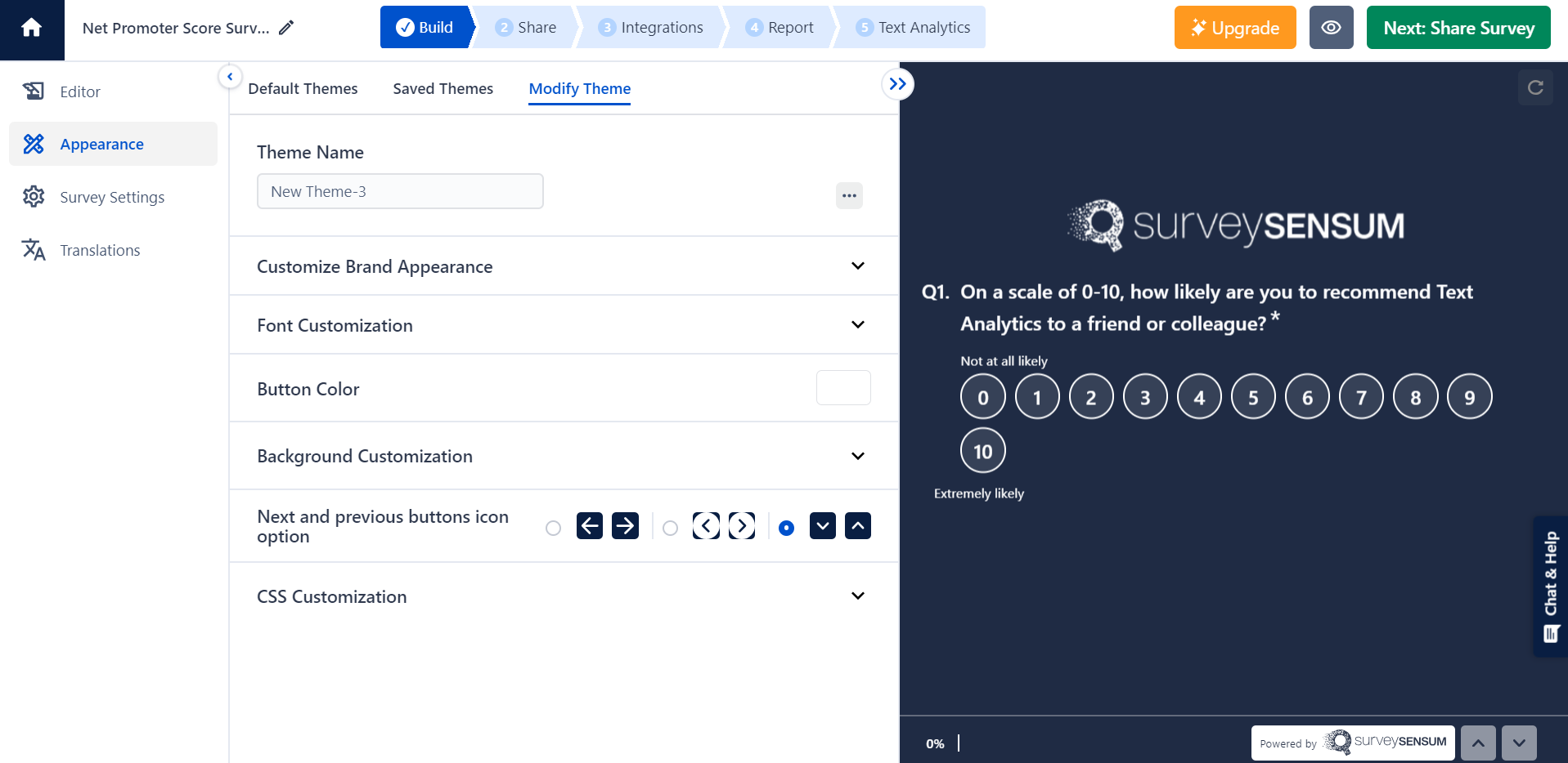  This is the image of the personalization element of the SurveySesnum survey builder tool. Users can edit the appearance of their surveys by changing the theme, brand appearance, etc. 
