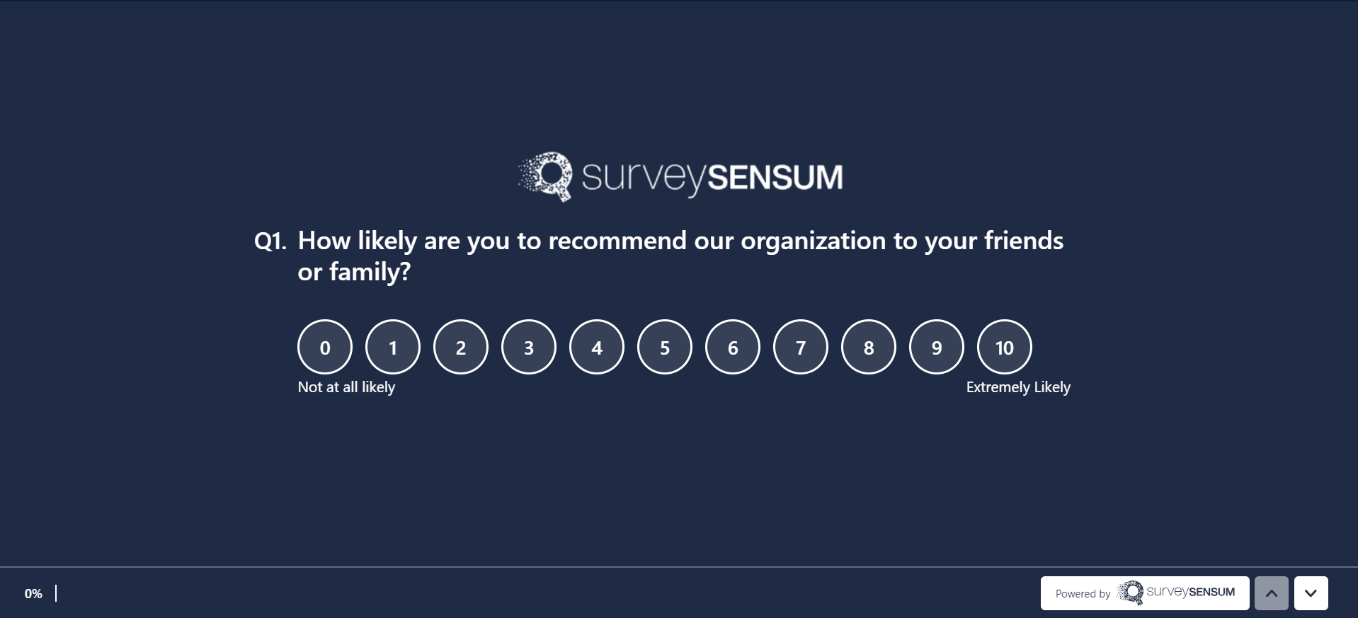  This is the image of an eNPS survey where a user is being asked to rate their likelihood of recommending the company to friends and family, on a scale of 0-10. 
