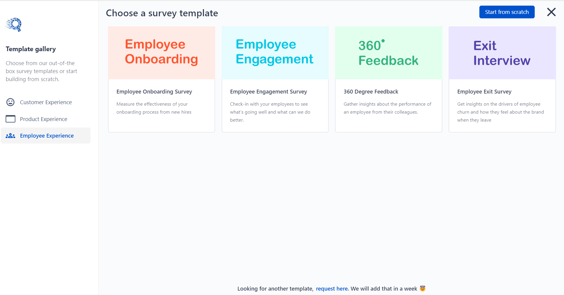 This is the image of Employee experience survey templates with different templates - employee onboarding. Employee engagement, 360 feedback, and exit feedback. 