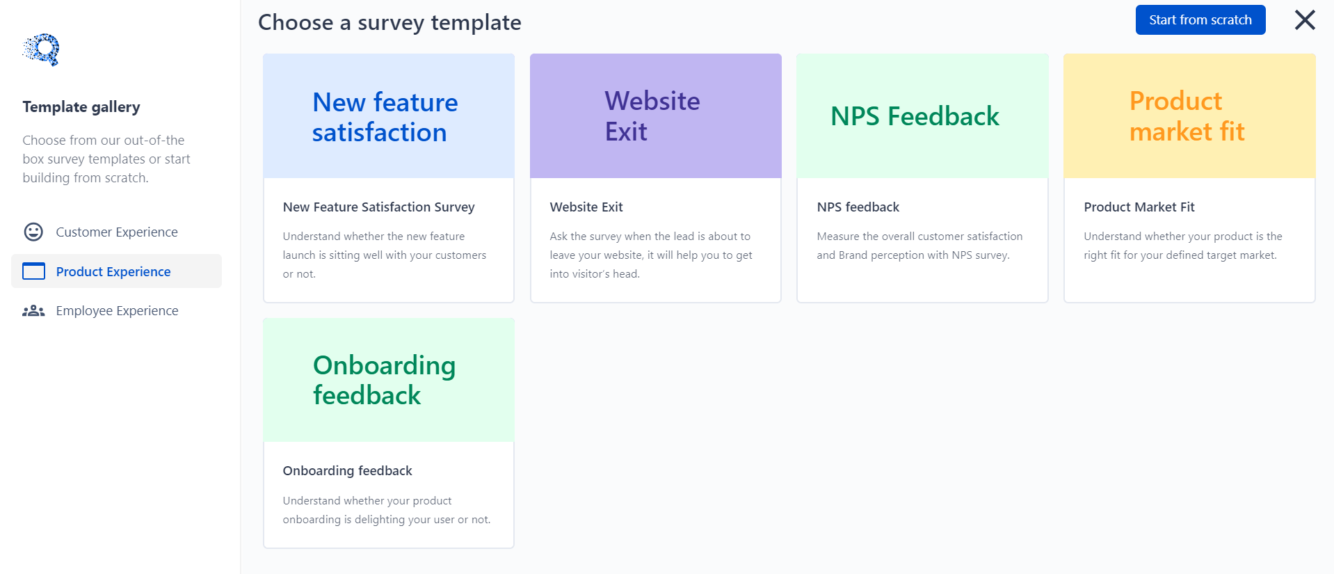 This is the image of the Product experience survey templates with different types of surveys - new feature satisfaction, website exit, NPS feedback, Product market fit, and Onboarding feedback survey. 