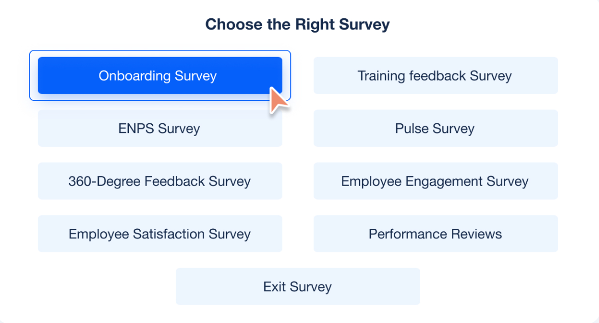 This is the image of the survey options for various aspects of employee experience, including employee onboarding, pulse surveys, ENPS, performance reviews, and 360° feedback surveys. 