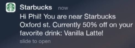 This image is of a personalized offer by Starbucks where the user is being offered 50% off on their favorite drink - Vanilla Latte.