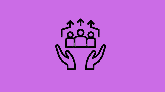 The image shows a Monochrome icon of hands cradling employees.