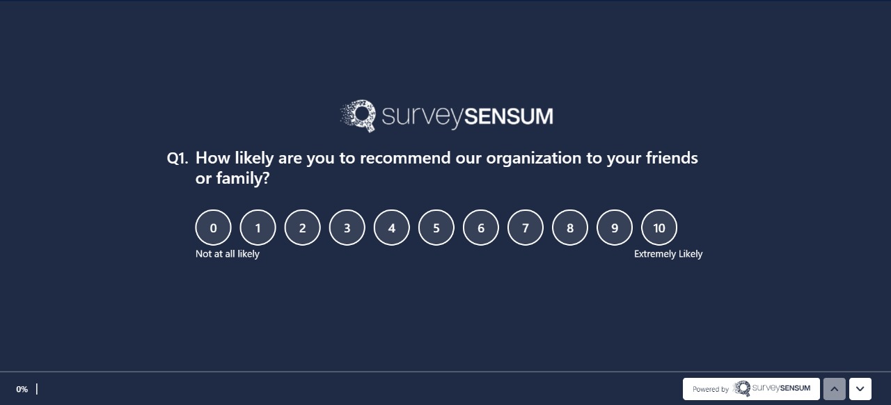 This is the image of a user-friendly eNPS survey created using the built-in template of the employee feedback tool, Surveysensum. 