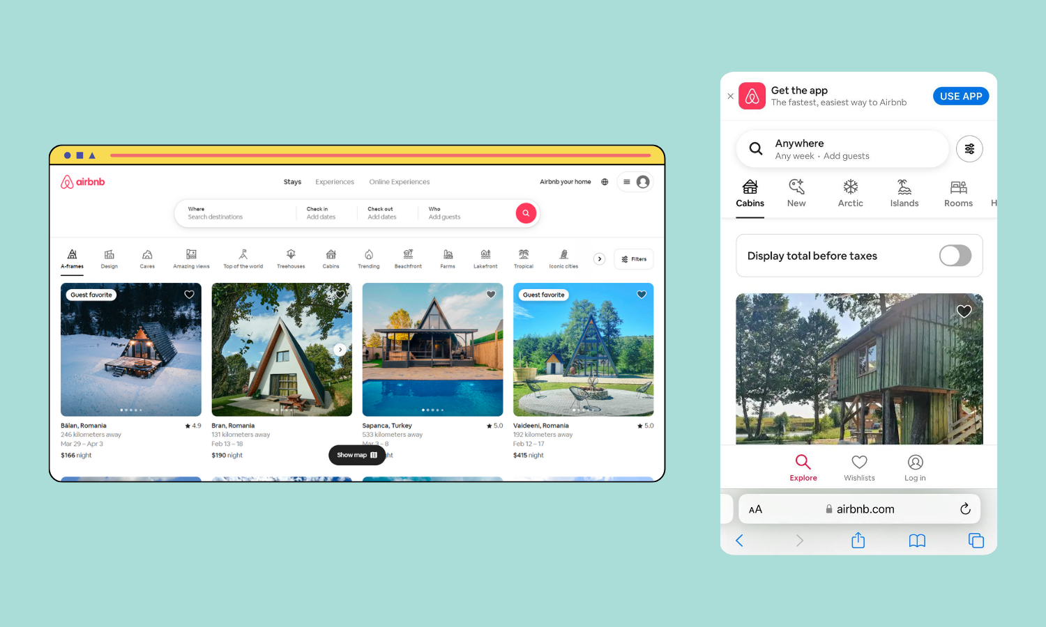 The image shows an Airbnb website viewed from a laptop and smartphone. 