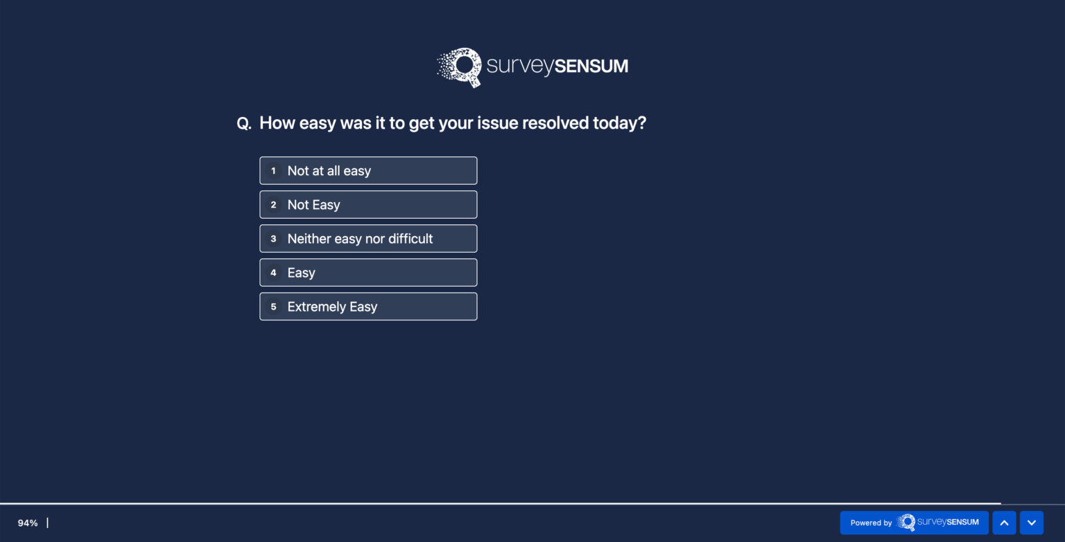 This is the image of a CES survey where the customer is being asked how easy was it to get their issue resolved today. 