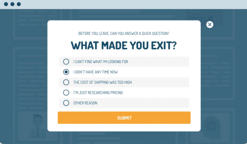 the image shows how in-app feedback tools can be used to collect customer feedback, in this it asks the question about what made the user exit a particular app.