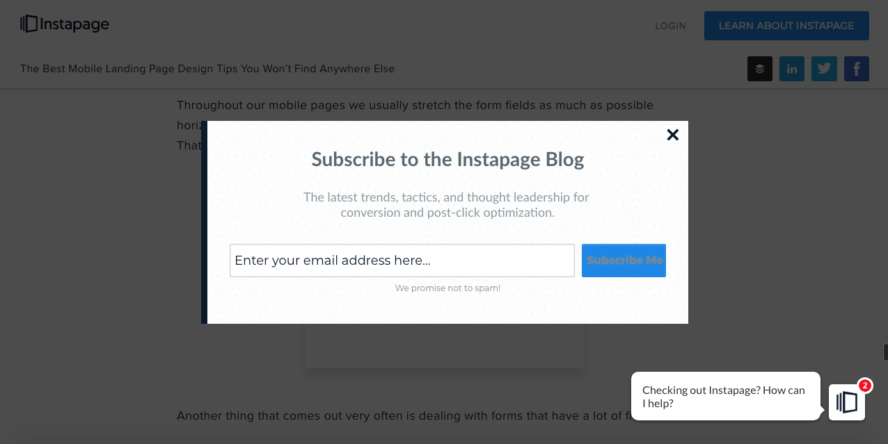 This is the image of the exit intent Subscription Popup of Instapage where users are asked to subscribe to the blog when users are exiting the website.