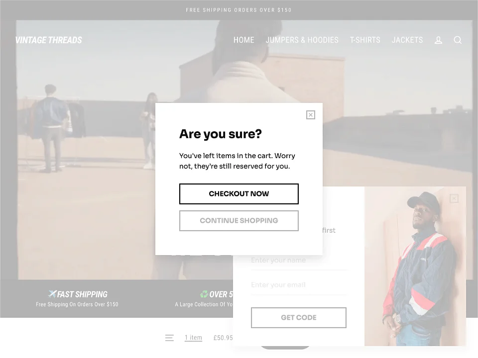 This is the image of the exit intent Reminder Popup of Vintage Threads where users are shown a reminder to complete their order when they are about to exit the website. 