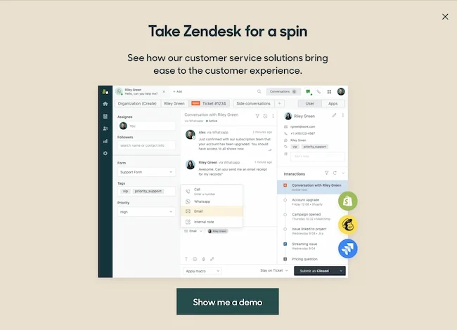 This is the image of the exit intent Show Me a Demo of Zendesk where users are offered a free demo when they are about to exit the website. 