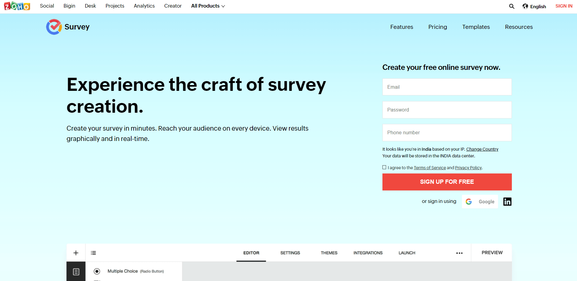 the image shows the home page of Zoho Survey- one of the best survey tools online. 