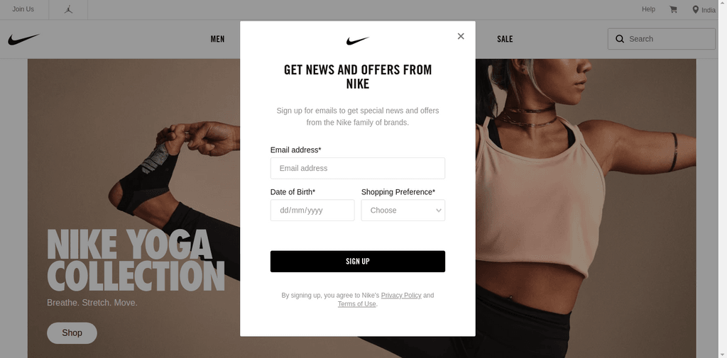 This is the image of the exit intent sign-up popup of Nike where users are asked to sign up before exiting the website.