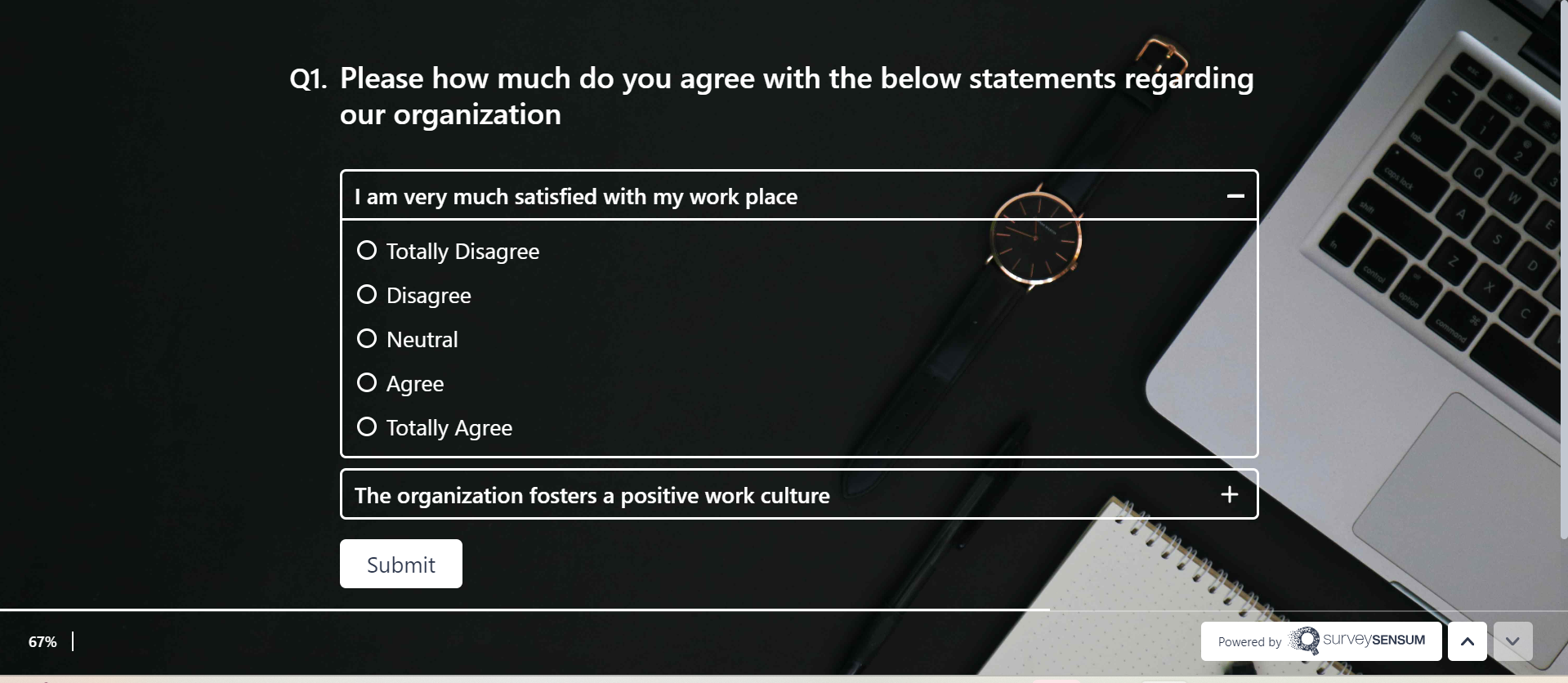 This is the image of an employee satisfaction survey created via the employee feedback tool, Surveysensum. 