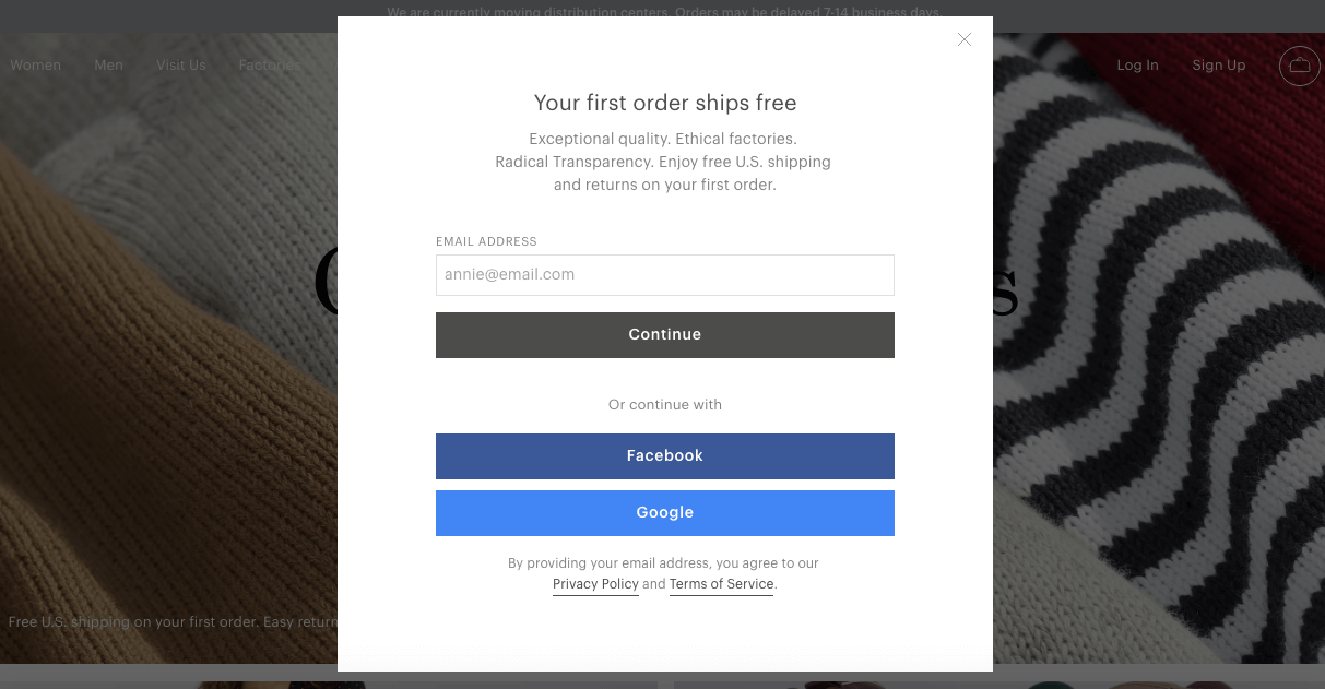 This is the image of the exit intent Free Shipping Popup of Everlane users are offered with a free shipping offer 
