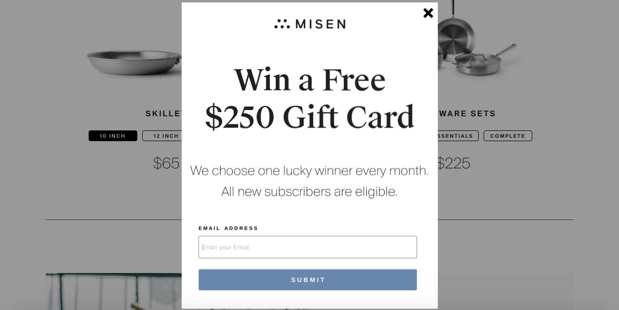 This is the image of the exit intent Launch a Contest Popup of Misen where visitors are offered a chance to participate in a contest to win a prize when they are about to exit the website.
