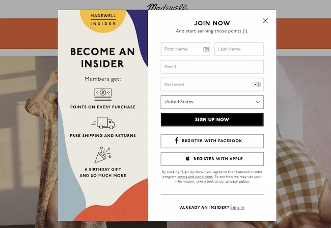 This is the image of the exit intent Membership Popup of Madewell where users are shown a membership offer when they are about to exit the website. 