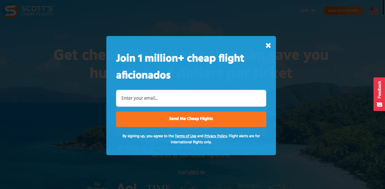 This is the image of the exit intent Capture Leads Popup of Scott’s Cheap Flights where visitors are offered a chance to join the club and receive offers when they are about to exit the website. 