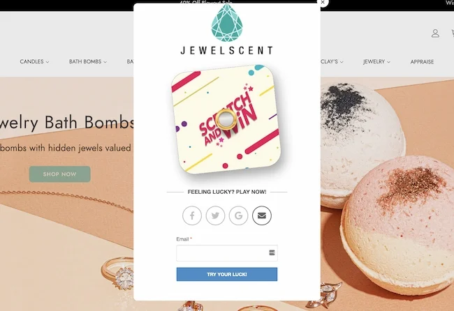 This is the image of the exit intent Scratch & Win of Jewelscent where users are shown a scratch and win popup when they are about to exit the website. 