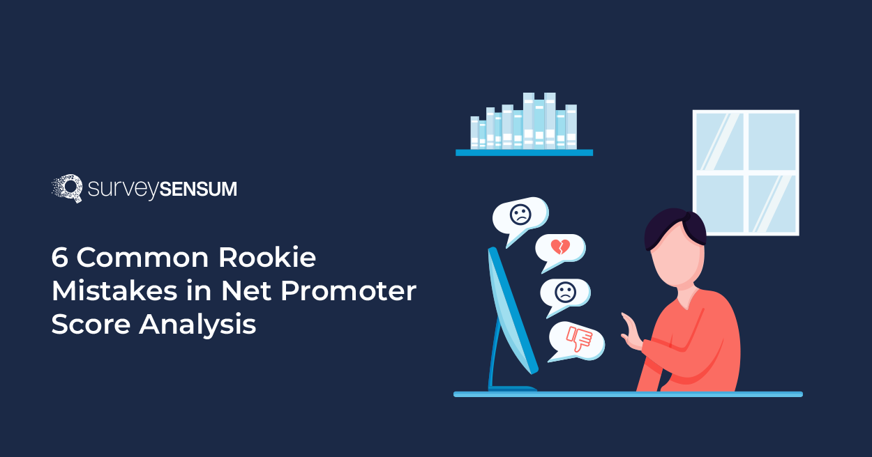 the image is the banner image for the blog 6 Common Rookie Mistakes in Net Promoter Score Analysis where a person is seen struggling with NPS analysis.