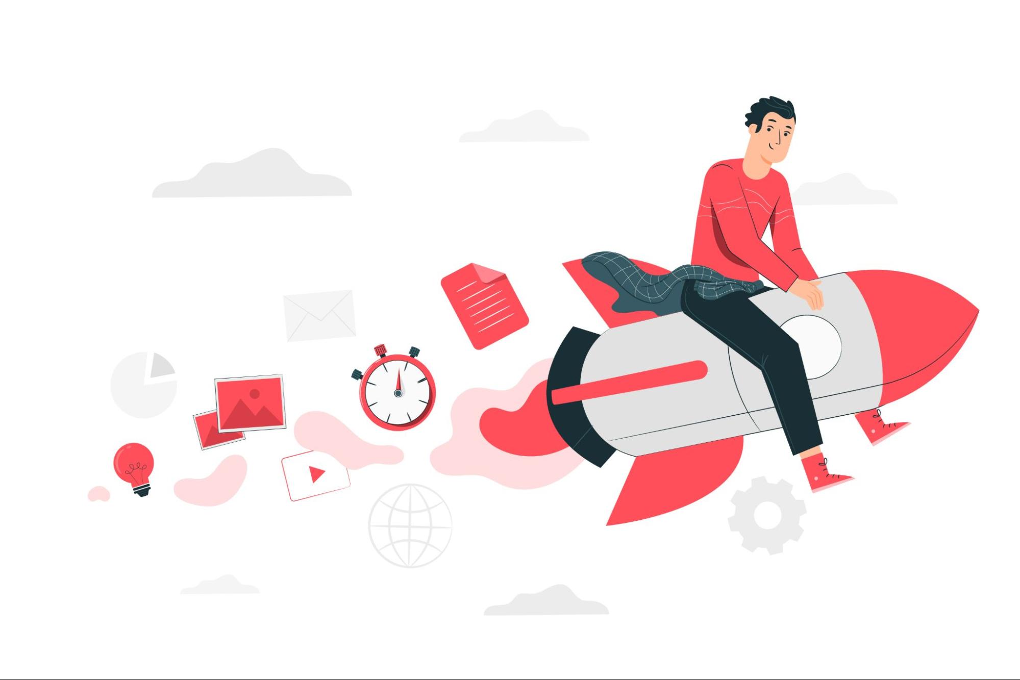 The image shows a Man sitting on a rocket with icons, symbolizing success and innovation. 