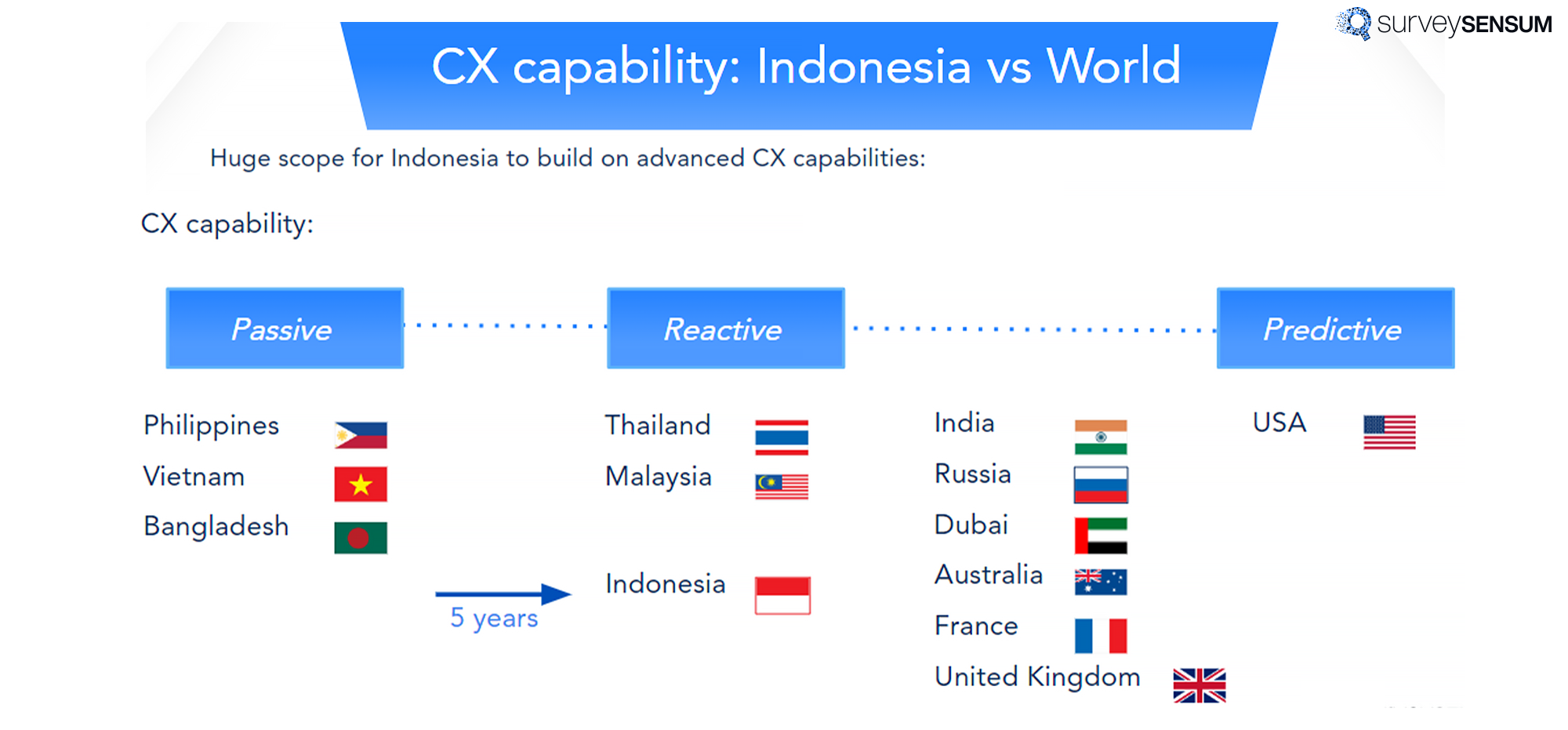 This image represents the CX Capability of Indonesia vs the World at which CX maturity stage each country is. 
