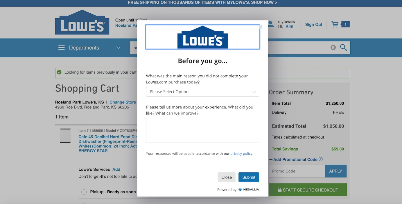This is the image of an exit-intent popup survey shown on Lowe’s website asking users what was the main reason they did not complete the purchase. 