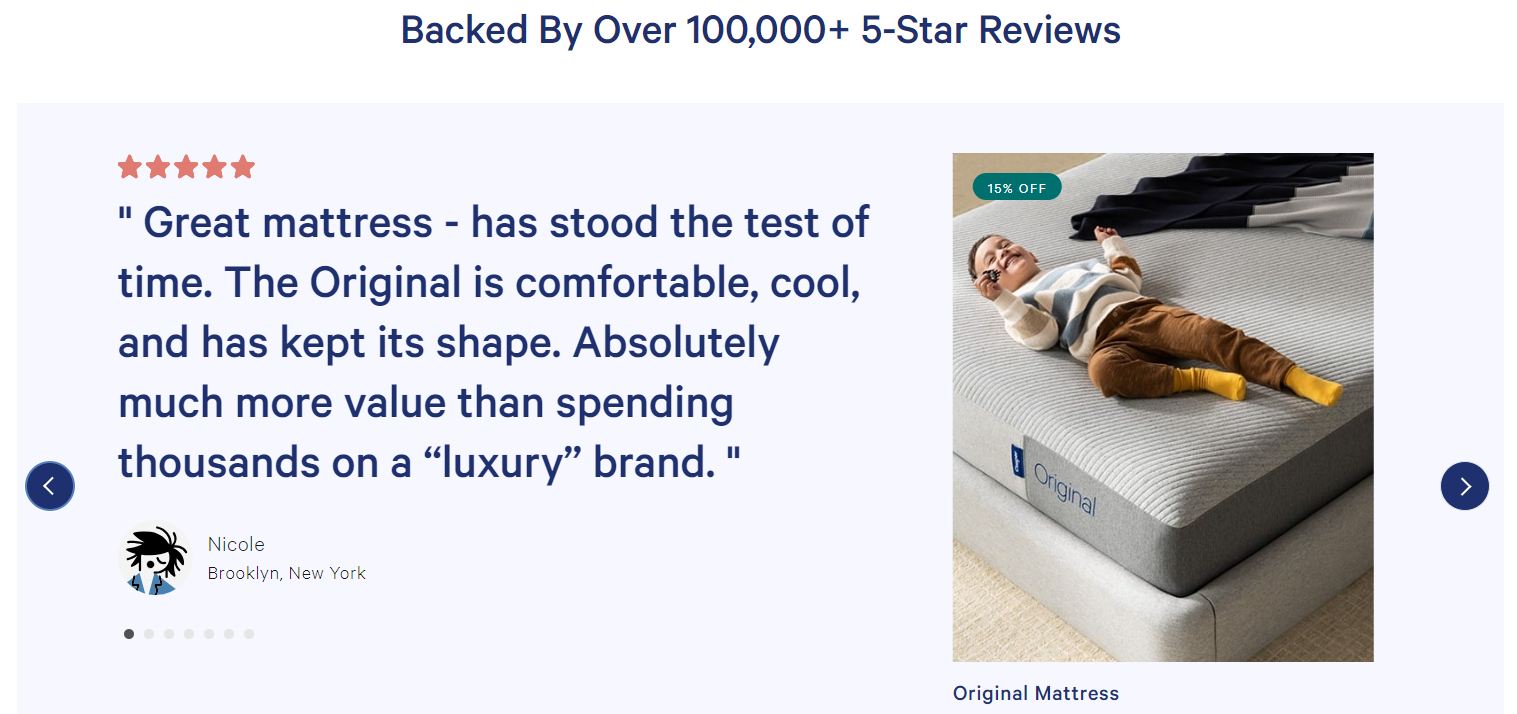 The image shows a Testimonial section of Casper's website. 