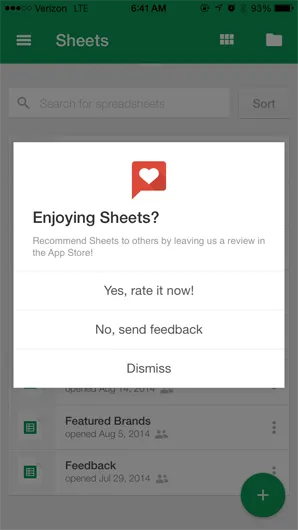 This is the image of a product feedback survey popup shown on the Google Sheets app asking users to rate their satisfaction. 