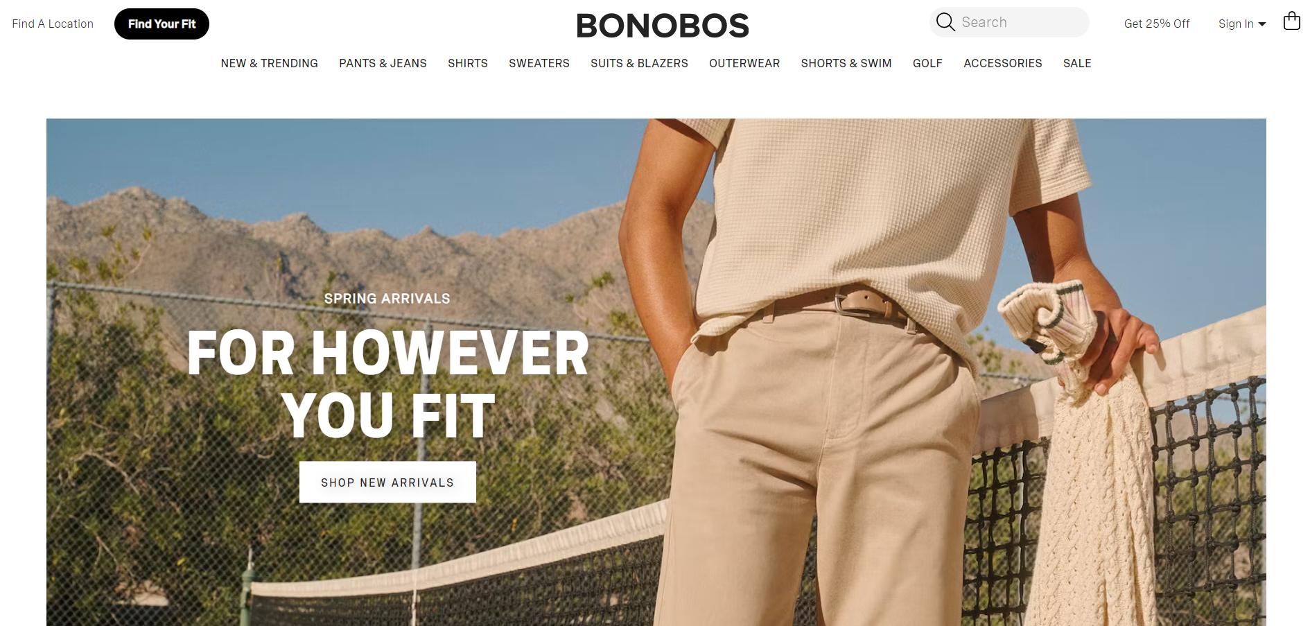 The image shows a Screenshot of Bonobos' focus on providing a better fit for men's clothing, and its website is designed to support this mission. 