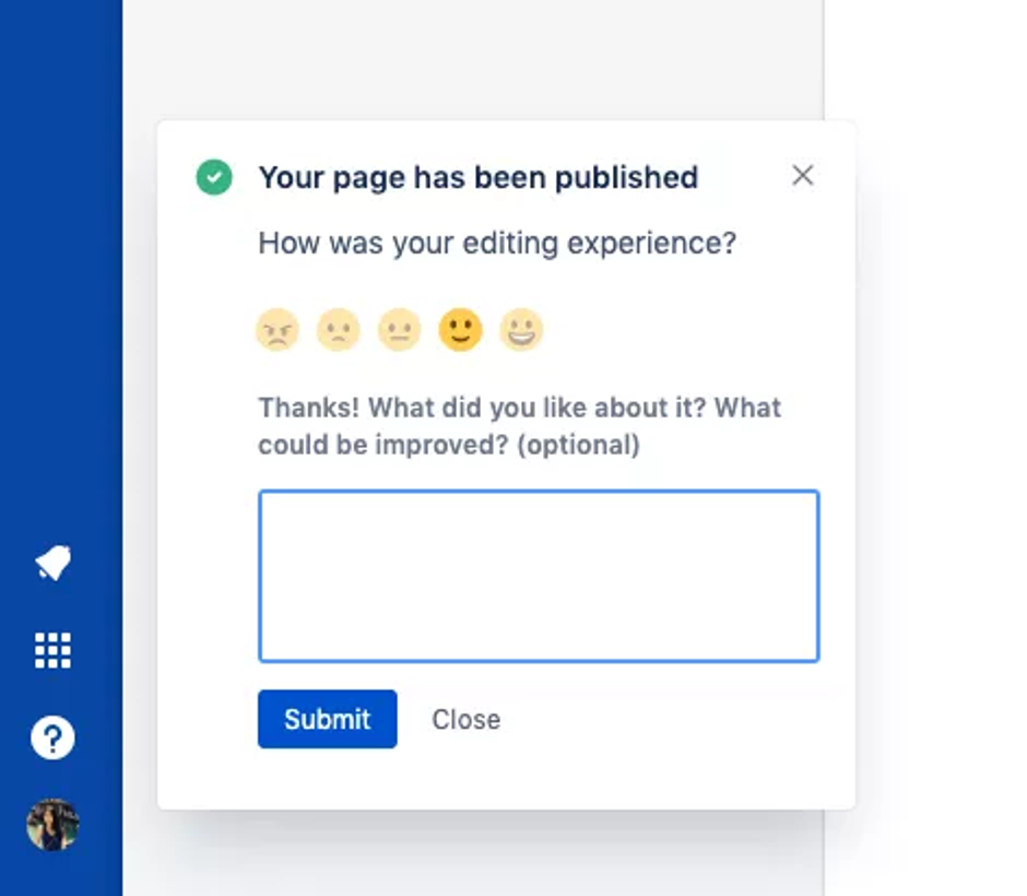 This is the image of a CSAT survey popup shown on the Jira website asking for users' opinions on what they liked about the feature and how to improve it. 