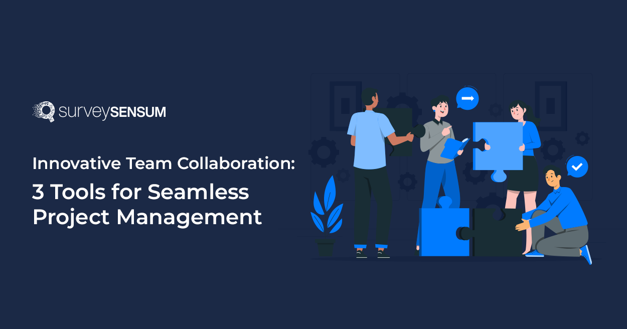 this is the banner image of 3 tools for seamless project management where a group of individuals is holding puzzle pieces with the message 'Innovative Team Collaboration.