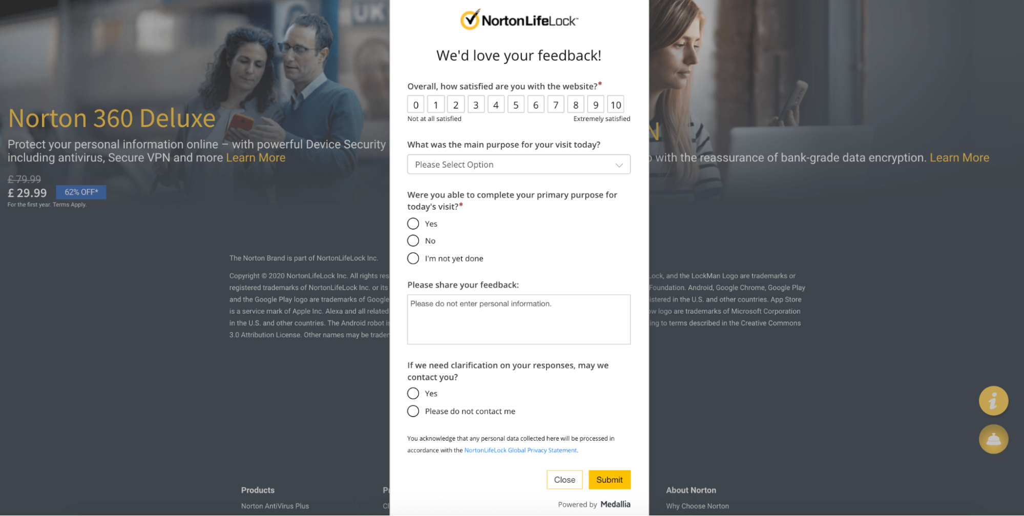  This is the image of a website feedback survey popup shown on Norton’s website asking users to rate their satisfaction with the website. 