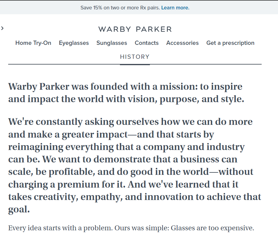 The image shows a Screenshot of Warby Parker an online retailer of prescription glasses and sunglasses website 