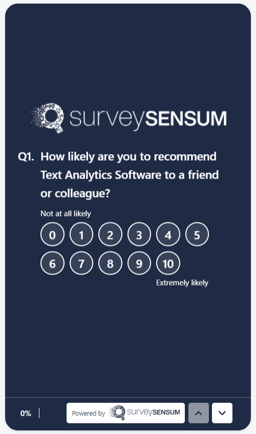 The image shows an NPS survey question designed for a mobile interface. 