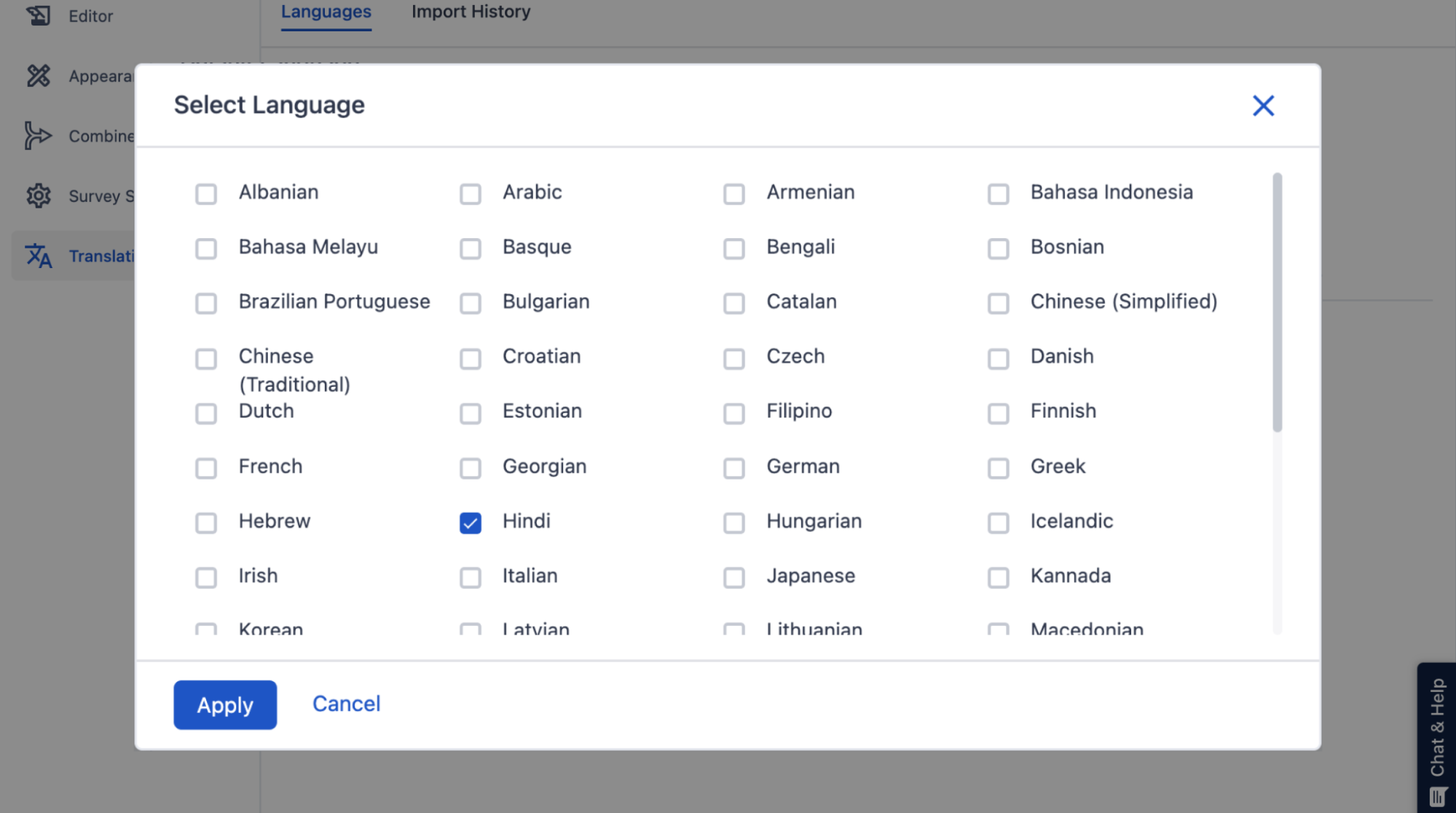 The image shows the option of creating multilingual surveys in the SurveySensum survey builder where users can translate their surveys into 100+ languages.