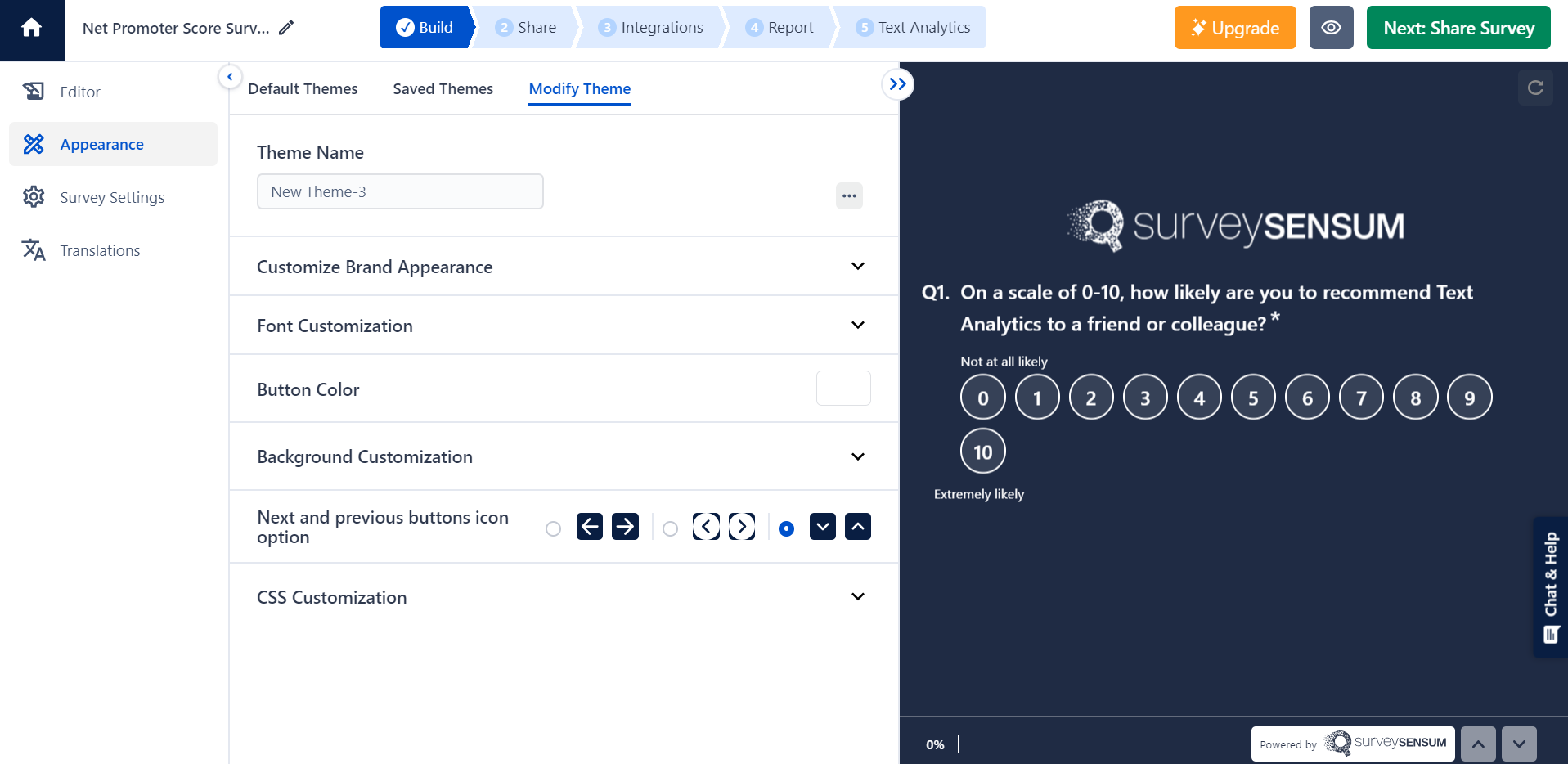 The image shows the SurveySensum survey editor where survey appearance can be edited to match brand’s image. 