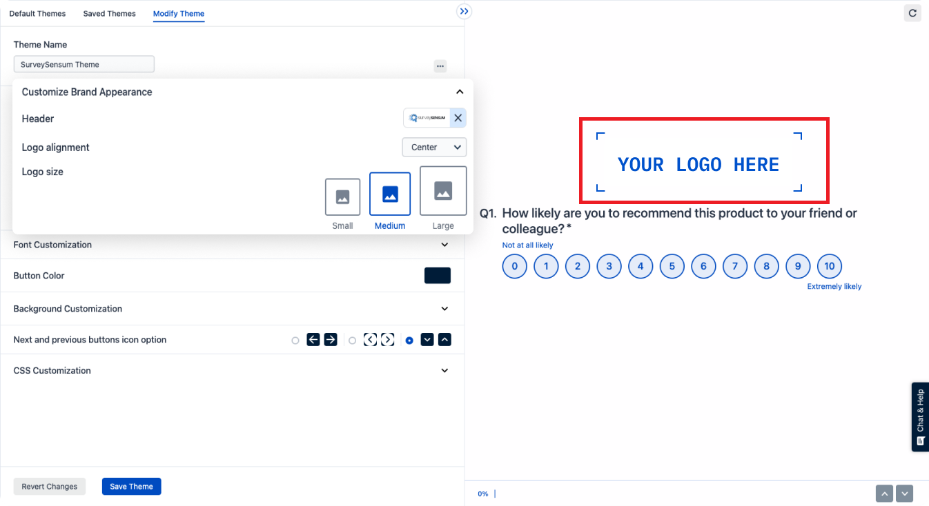 The image shows how survey designs can be customized and white-labeled with the SurveySensum survey builder.