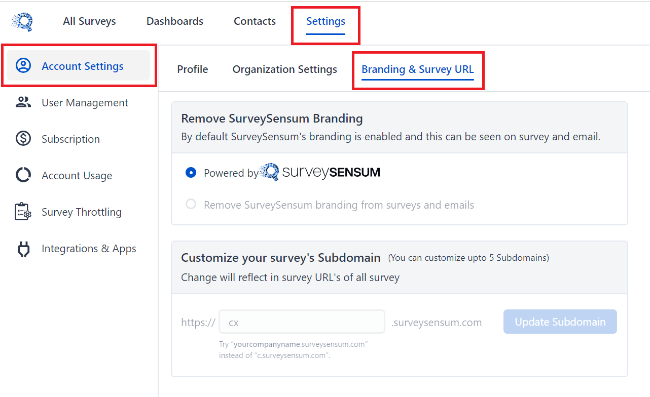 The image shows the account settings of the SurveySensum survey builder where users can customize their survey links.