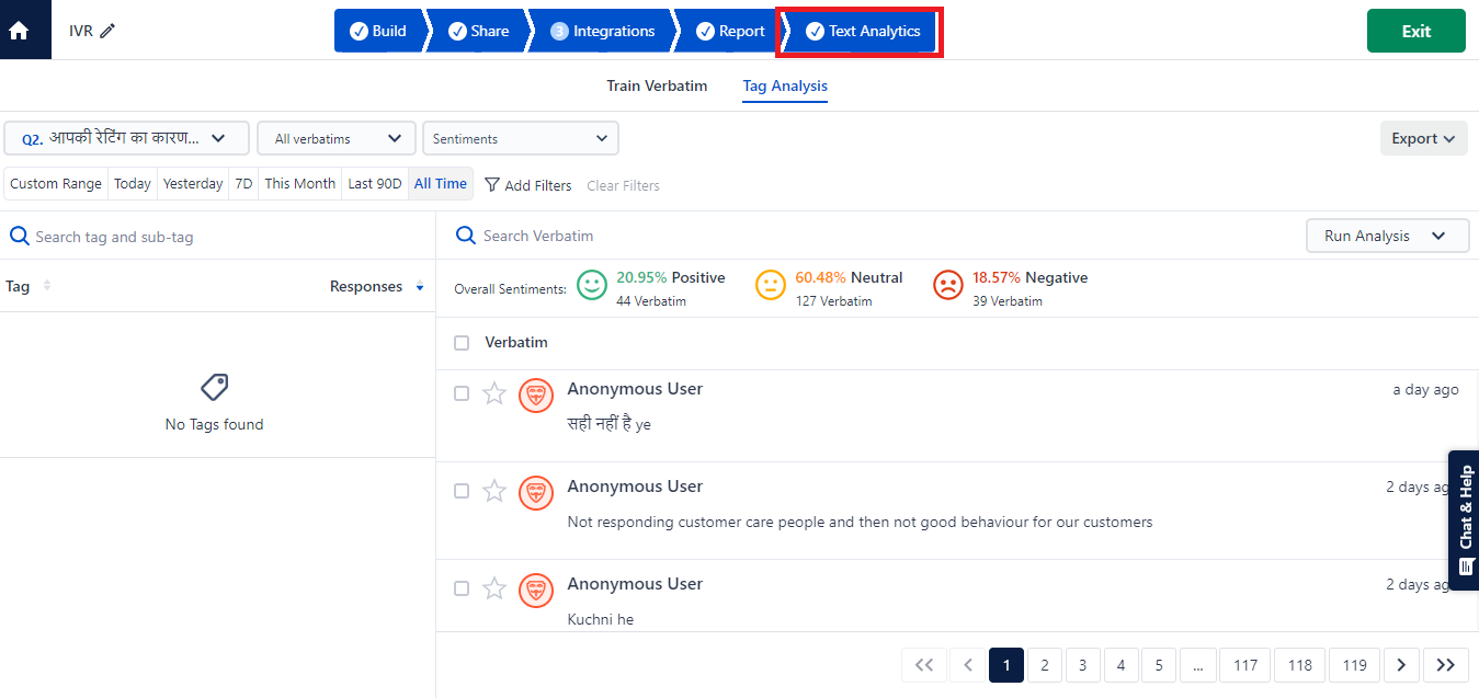 The image shows the text and sentiment analysis of SurveySensum where users can automate the process of tagging and categorizing feedback. 