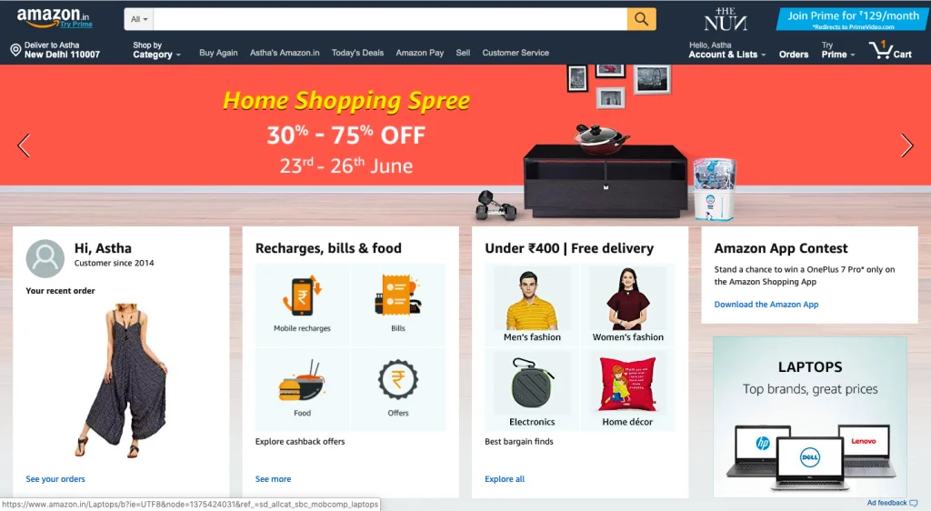 The image shows the personalized recommendation by Amazon where Amazon is recommending personalized products based on the user’s purchase history, browsing activity, etc.