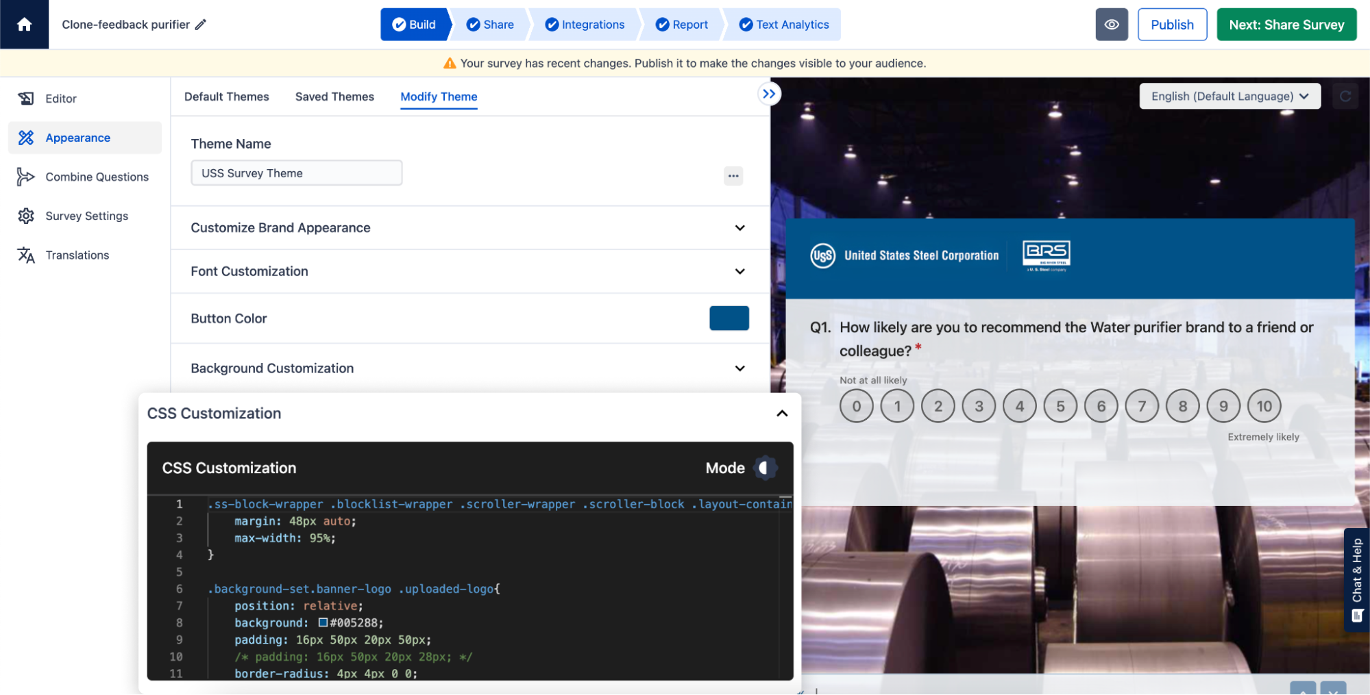 The images show how users can customize the visual presentation of their survey with SurveySensum’s survey builder.