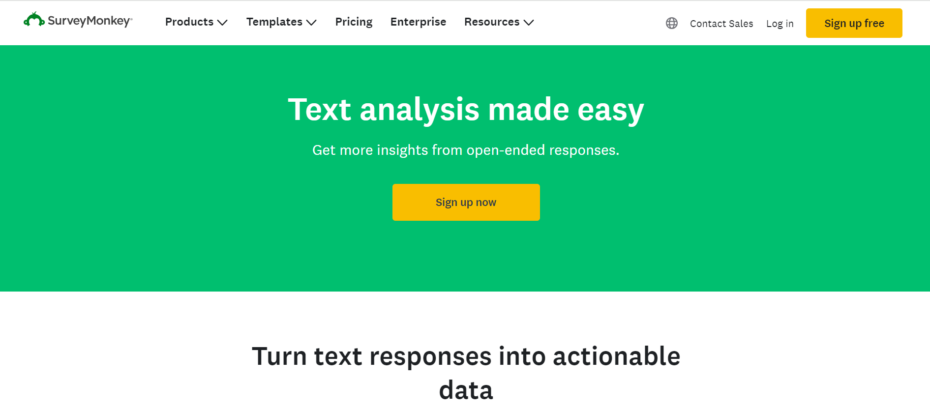 This image depicts the screenshot of SurveyMonkey’s page depicting its text analysis features.