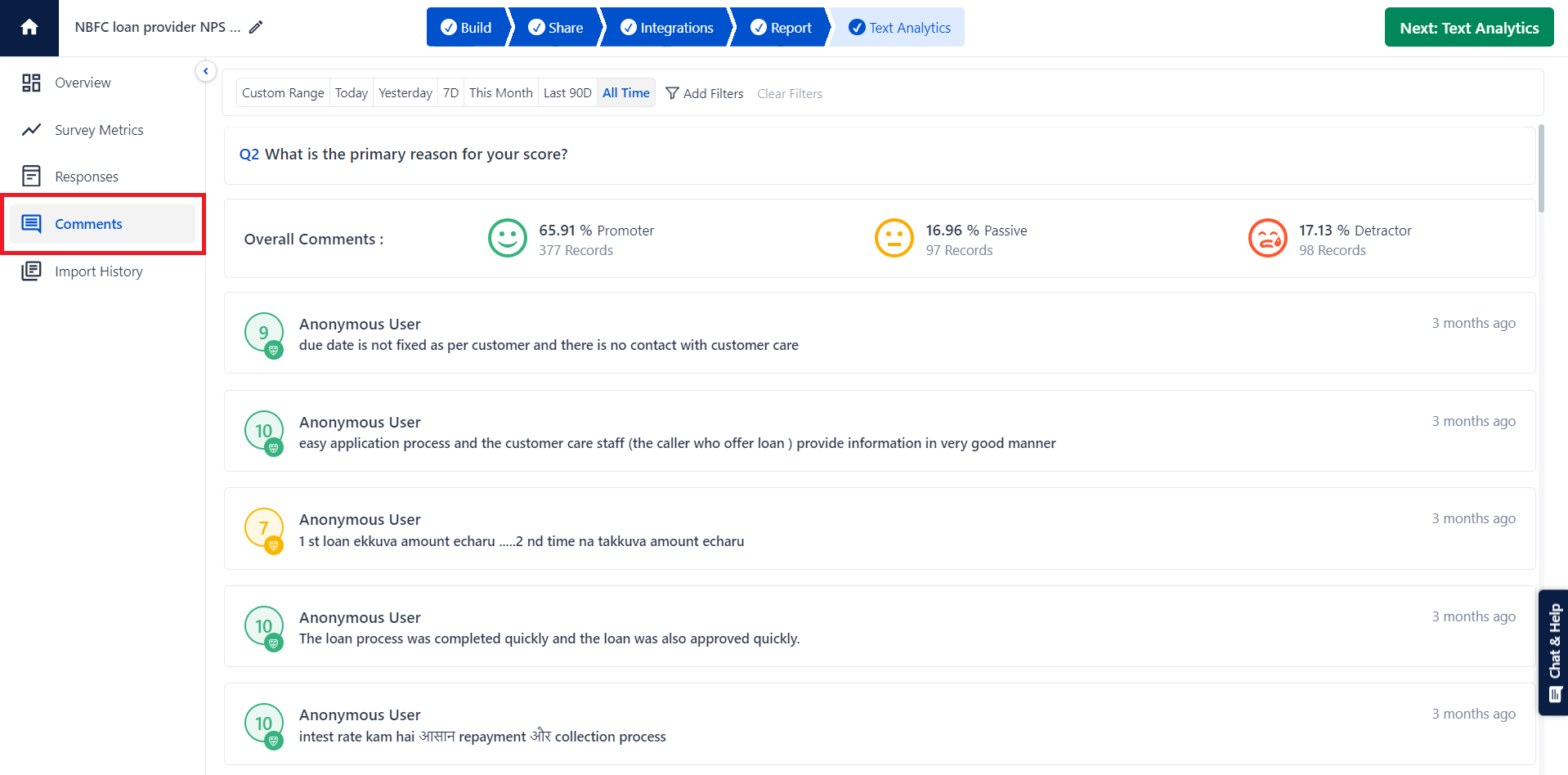 The image shows the NPS open-ended responses and how they are segmented under different categories.